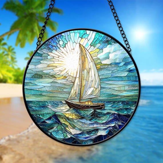 Sailboard Faux Stained Glass Suncatcher, Nautical Glass