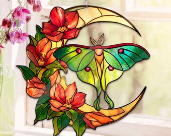 Crescent Moon & Luna Moth ACRYLIC Suncatcher, Green Luna Moth Butterfly with Flowers Window Hanging, Art Decor Gift for Nature Lovers