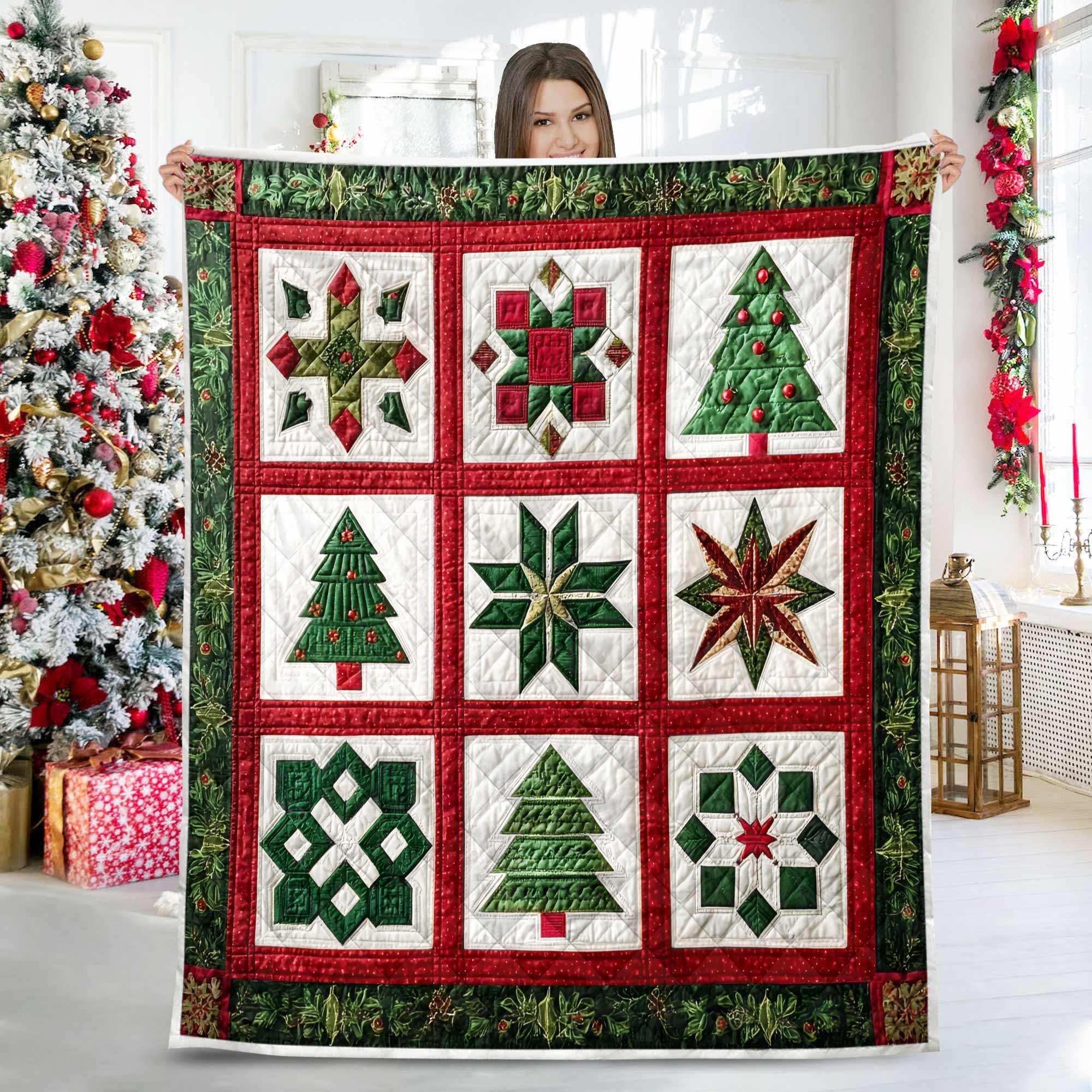クリスマスツリーの星のキルトブランケット、赤と緑のホリデー寝具