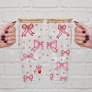40 oz Glass Tumbler with Cute Pink Bow and Heart Design - Stylish and Trendy Reusable Drinkware with Bamboo Lid and Straw