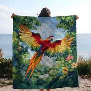 Personalisierte Papageien-Quiltdecke mit 3D-Sticheffekt - Tropisches Dschungeldesign mit lebendigem Vogel- und Blumenmuster