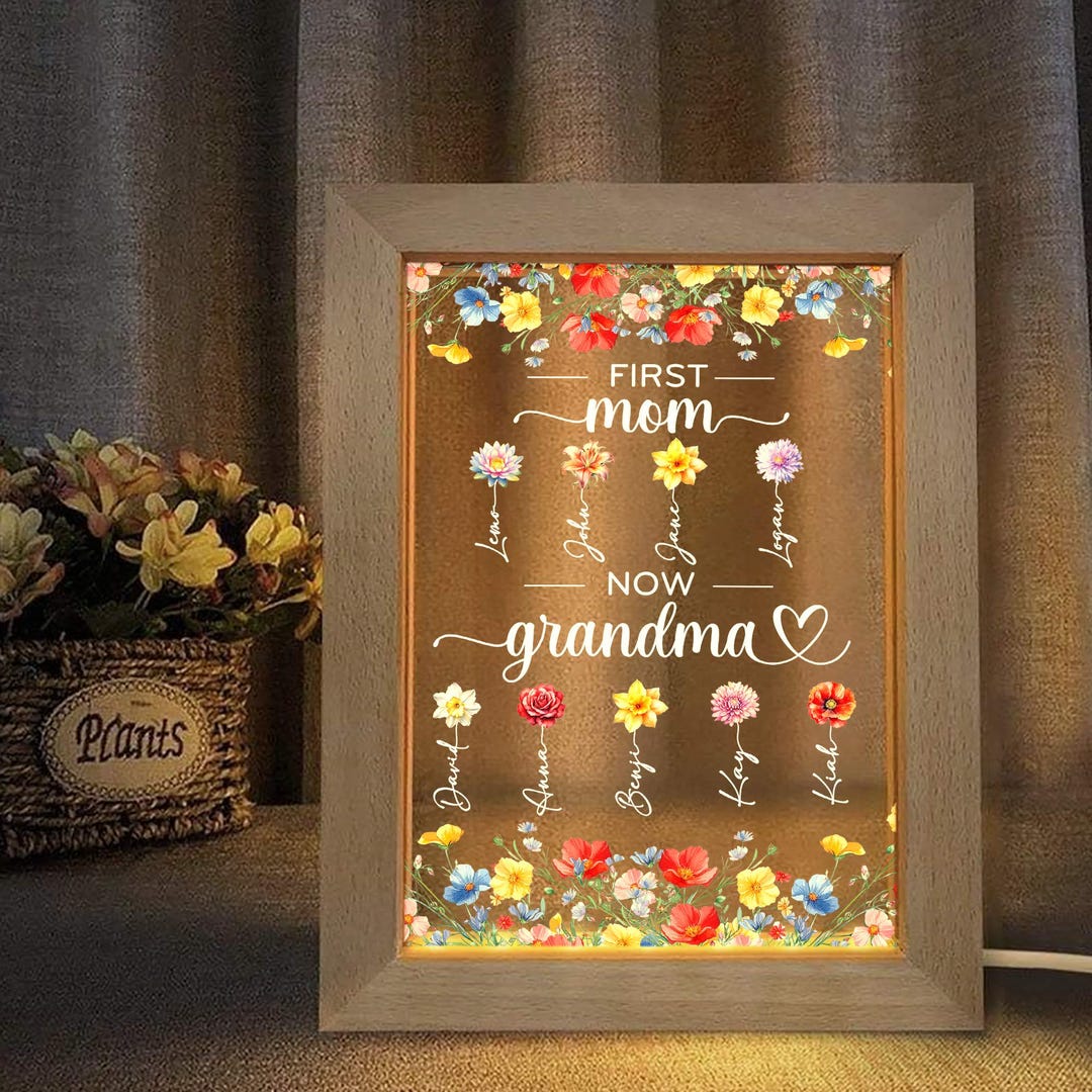Personalized First Mom Now Grandma Custom Birth Month Flower Frame Lamp ...
