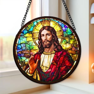 Jesus Faux Christ Stained Glass, Ideal Home Decor, Easter Gift, God Christmas Ornament, Bible Religious Window Hanging, Faith Christian Gift