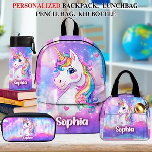 Sac à dos personnalisé licorne, sac à lunch, trousse à crayons, bouteille d'eau pour enfants, cadeau de rentrée des filles, cartables pour enfants et tout-petits