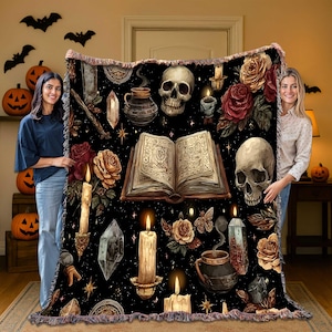 Gothic Witchcraft Woven Blanket, Skull Candle Spell Book Throw, Occult Witchy Tapestry, Halloween Gothic Home Decor Gift, Halloween Skull