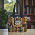 Owl Reading Books Quilt Tote Bag, Quilted Style Library Tote, Book Lover Gift for Women, Reading Theme Handbag, Teacher & Librarian Gift product logo