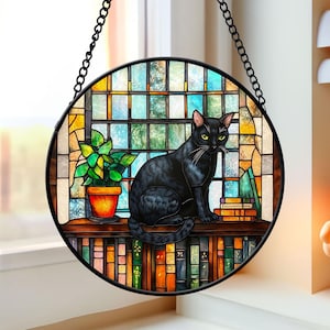 Faux Stained Glass Black cat on Bookshelf Library Suncatcher, Birthday Gift, Library Window Decoration, Book Lover Window Hanging Ornament