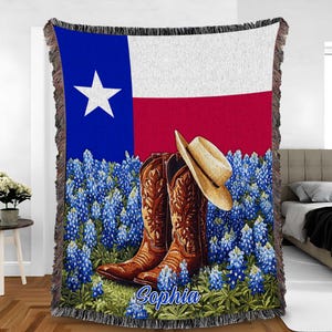 Personalized Flag Texas Wildflowers Quilt Blanket, Texas Bluebonnet Cowboy Boots Tapestry Blanket, Cowboy Boots Texas Cottagecore Tapestry