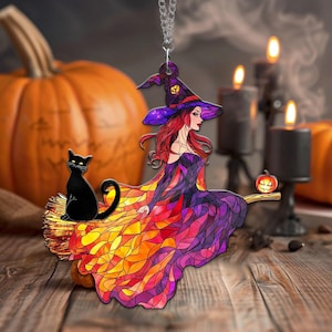 Witch And Black Cat Acrylic Window Hanging, Witch Halloween Suncatcher, Witch Home Decor, Halloween Gift, Black Cat Gothic, Halloween Decor