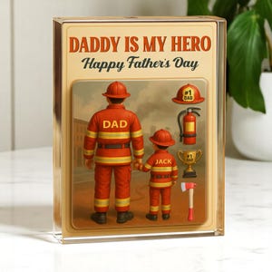 Personalized Happy Father&#39;s Day Firefighter Acrylic Block Plaque, Gift for Dad/ Papa From Kids, Firefighter Hero, Unique Gift for Fireman