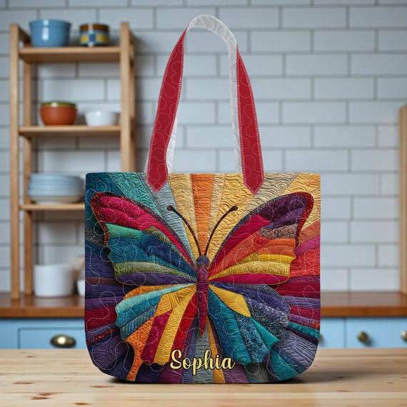 Custom Quilted Colorful Butterfly Tote Bag – Colorful Butterfly Design, Butterfly Tote Bag, Butterfly Lover Quilted Bag