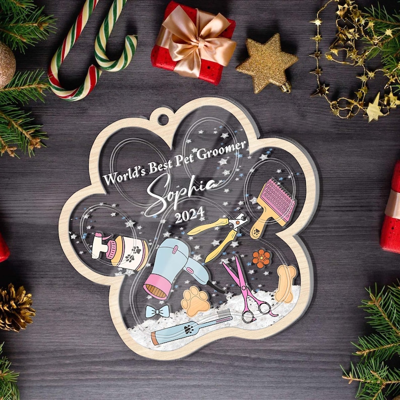 Personalized Pet Groomer 3 Layered Shaker Ornament, Dog and Cat Washer