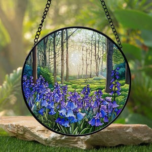 Bluebell Garden Faux Stain Glass Suncatcher, Bluebell Garden Art Decor Window Hanger, Bluebell Garden Lover Gifts, Bluebell Garden Art Decor