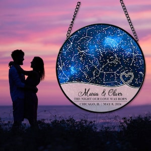 Mappa stellare personalizzata, acchiappasole in vetro colorato finto, regalo per coppia, mappa delle costellazioni, regalo di San Valentino, regalo di nozze, regalo di anniversario