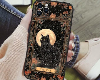 Funda para teléfono con tarot de gato negro místico: funda para iPhone con diseño floral gótico iluminado por la luna: regalo estético celestial y brujo para amantes de los gatos