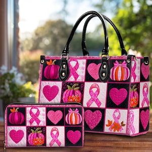 Breast Cancer Awareness Pink Pumpkin Handbag and Wallet Set, Quilted Heart Purse, Support Gift for Women, Breast Cancer Awareness Wallet