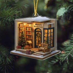 Personalized Bookstore Christmas 2D FLAT Ornament, Bookshop Keepsake Gift For Book Lovers, Xmas Book Lover Decoration, Bookshelf Ornament