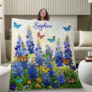 Personalized Texas Wildflowers Quilt Blanket, Texas Bluebonnet Tapestry Throw Blanket, Custom Texas Flower Cottagecore Tapestry