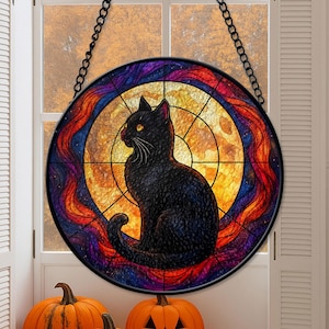 Black Cat On Moon Faux Stained Glass Suncatcher, Black Cat with Moon Suncatcher, Gift For Cat Moms, Cat Window Hanging, Halloween Gift