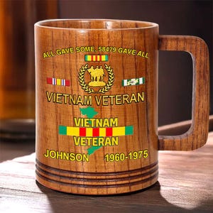Personalized Name Vietnam Veteran Wood Mug, Military Gift, Custom Proudly Served Veteran Wooden Mug, Veterans Day Gift For Dad, Grandpa