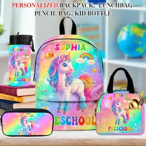 Personalized Unicorn School Backpack Set for Girls, Custom Name Preschool Bag, Lunch Bag, Pencil Case, Water Bottle For Children & Toddlers
