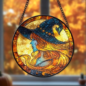 Witch Stained Glass Suncatcher, Autumn Window Hanging Decor, Gothic Witch Silhouette Round Panel, Fall Sun Catcher for Spooky Home Display