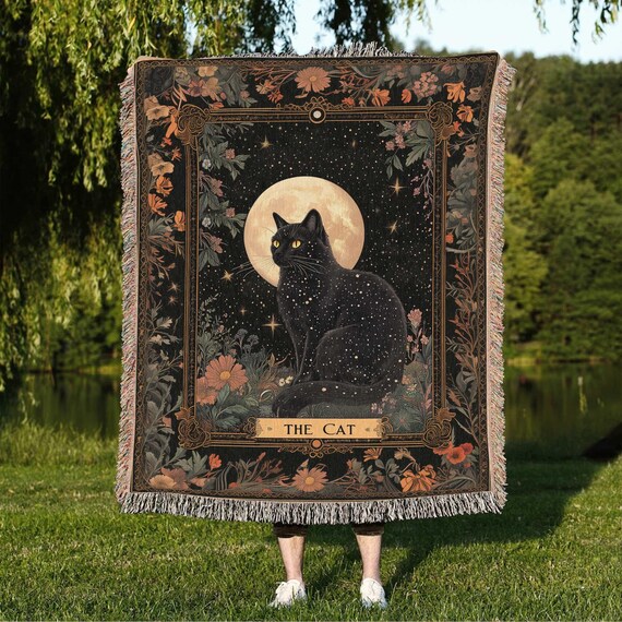 The Cat Woven Blanket, The Cat Tarot Woven Throw Blanket, Tarot Lover Blanket, Black Cat Themed Decor, Gift for Cat Mom, Cat Lovers Gift