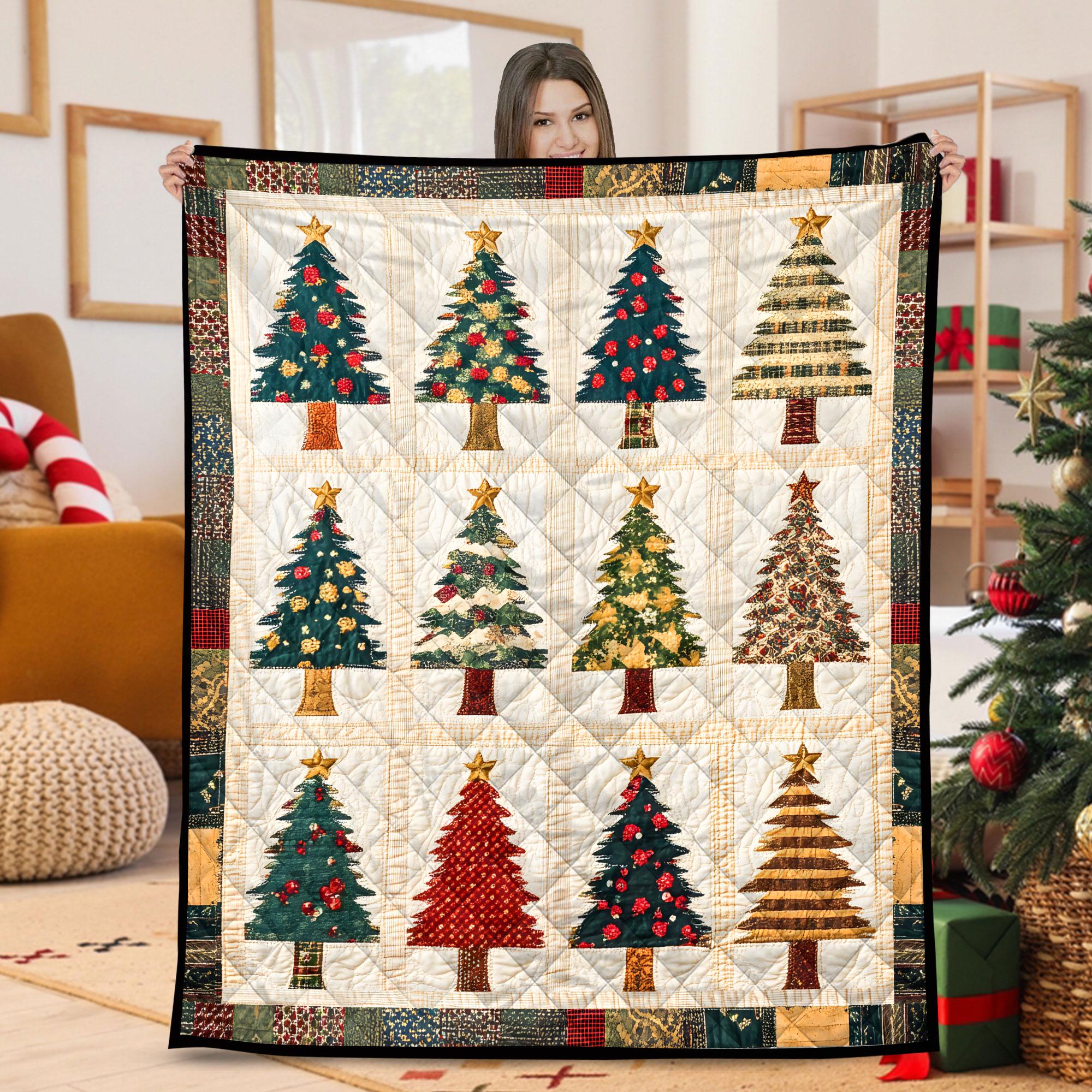 クリスマスツリーキルトプリントブランケット、赤と緑のホリデー寝具