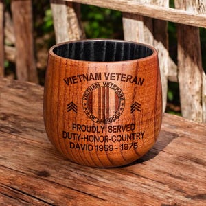 Personalized Vietnam Veteran Wood Bourbon Whiskey Mug, Military Gift, Custom Proudly Served Veteran Mug, Veterans Day Gift For Dad, Grandpa