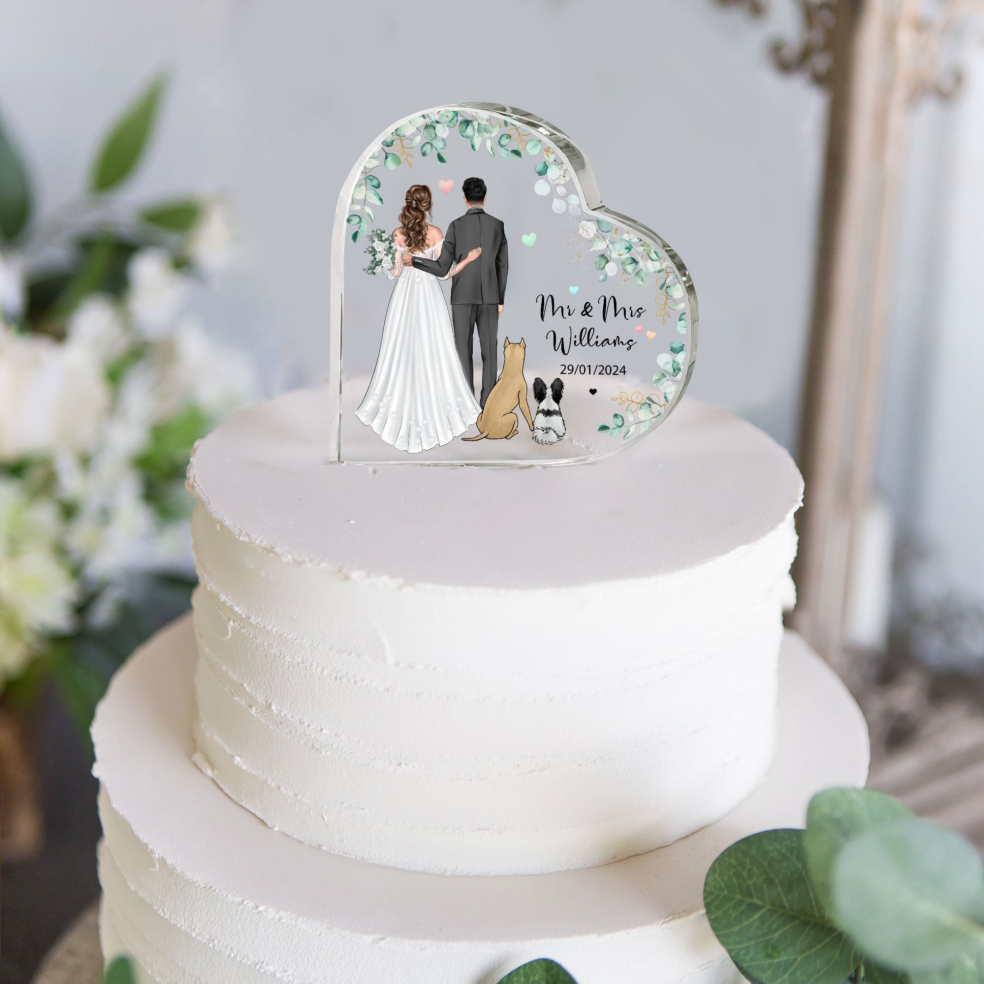Hochzeits-Kuchenaufsatz „Mr & Mrs“ – Mit Brautpaar & Hunde-Silhouetten, Spiegelgolden