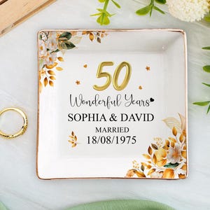 Personalized 50th Golden Wedding Anniversary Ceramic Ring Dish, Custom Gold Floral Jewelry Holder, 50 Years Married Gift for Couple