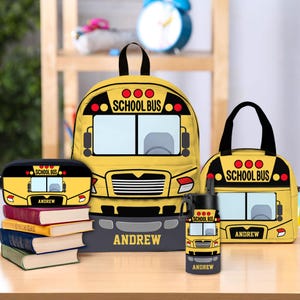 Sac à dos personnalisé pour chauffeur d'autobus scolaire, Sac à lunch, Pochette à crayons, Gourde pour enfants, Retour en bus scolaire, Sacs d'école pour enfants et tout-petits