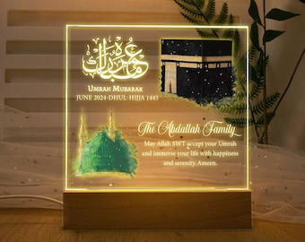 Custom Umrah Mubarak 3D Led Light Wooden Base, Personalized Islamic Room Decor, Hajj Mubarak, Umrah Kaaba, Ramadan Mubarak, Eid Mubarak Gift