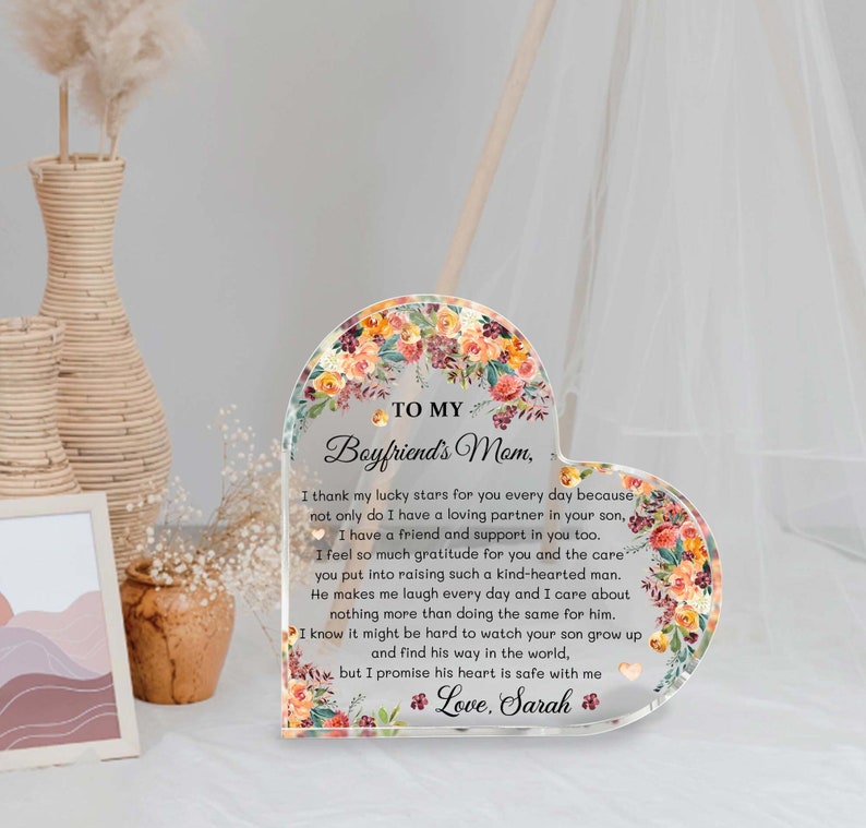 Personalized to My Boyfriend's Mom Heart Acrylic Plaque, Birthday Gifts