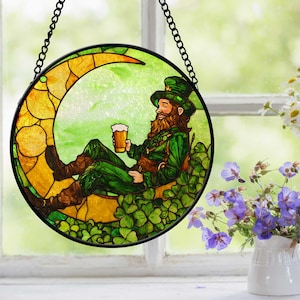 Irish Leprechaun Suncatcher, Irish Luck Faux Stained Glass, Lucky Irish Shamrock Decor, Patrick&#39;s Day Decor, Patrick&#39;s Day Gifts