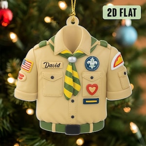 Personalisierte 2 abgeflachte Pfadfinder von Amerika Uniform Weihnachtsverzierung, kundenspezifisches Pfadfinderhemd-Andenken, Feiertagsgeschenk für Pfadfinder, Cub Scouts