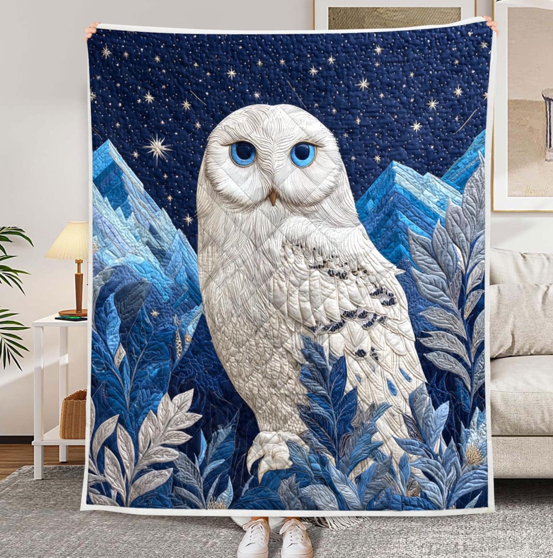 Snowy Owl Quilted Blanket, Blue Mountain Night Sky Quilt Throw, Cozy Winter Bedding Gift for Owl Lov