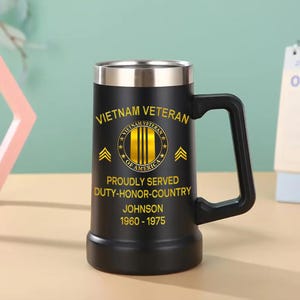 Custom Proudly Served Vietnam Veteran Beer Tumbler, Custom Army Veteran Thermos, Duty Honor Country, Vietnam War Tribute Tumbler