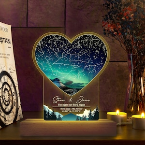 Mappa stellare personalizzata per data 3D multicolore LED base in legno, regalo di coppia personalizzato, regalo di anniversario per lei e lui, regalo di San Valentino