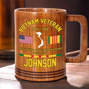 Personalized Name Vietnam Veteran Wood Mug, Military Gift, Custom Proudly Served Veteran Wooden Mug, Veterans Day Gift For Dad, Grandpa