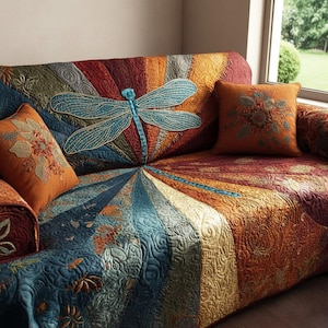 Dragonfly Quilted Sofa Cover – Colorful Boho Patchwork Couch Protector, Embroidered Dragonfly Blanket for Living Room Decor
