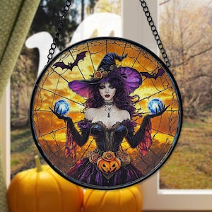 Halloween Schöne Hexe Suncatcher, Hexe Fensterbehang, Schöne Hexe Wandbehang Dekor, Halloween gruselige Glaskunst, Hexe Wohnkultur