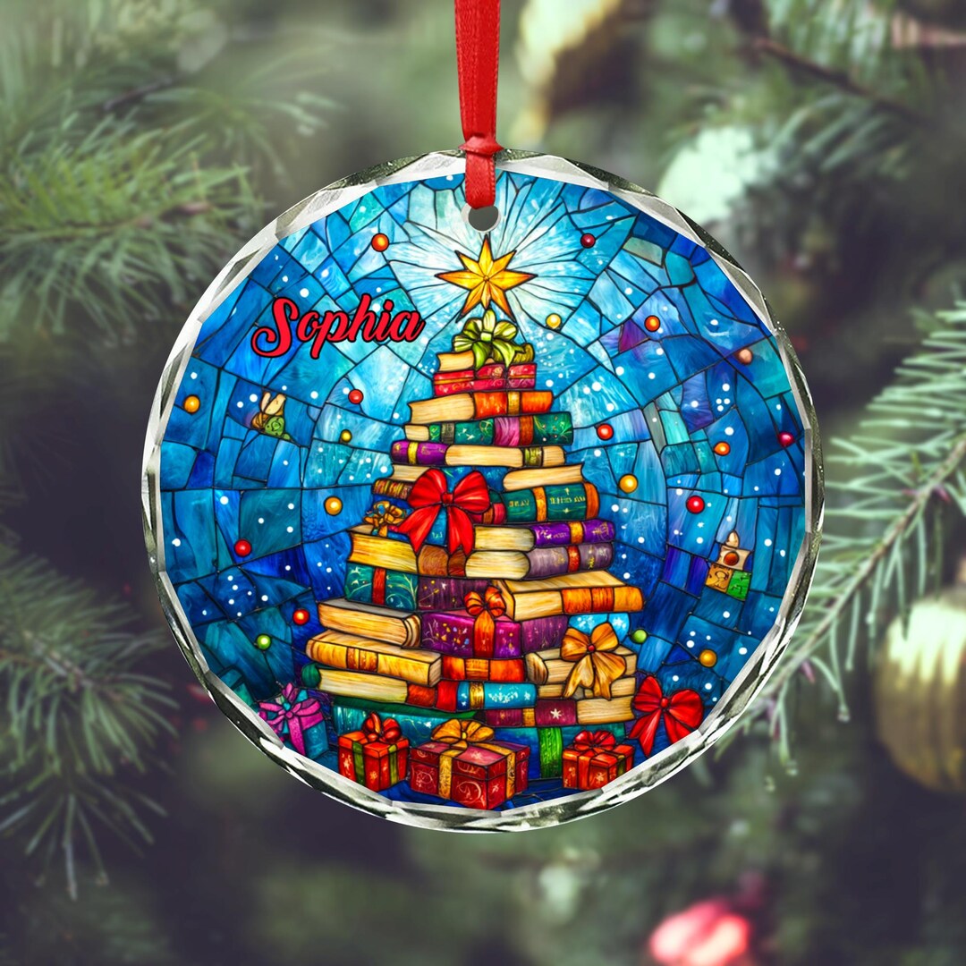 Custom Name Book Christmas Tree Glass Ornament, Christmas Decor