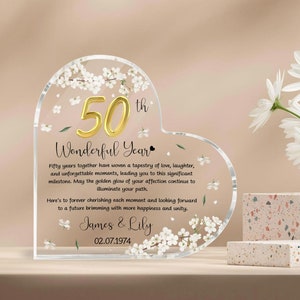 Personalized 50th Wedding Anniversary Heart Acrylic Plaque, Golden Anniversary Gifts, Anniversary Gifts For Parents, Husband, Wife