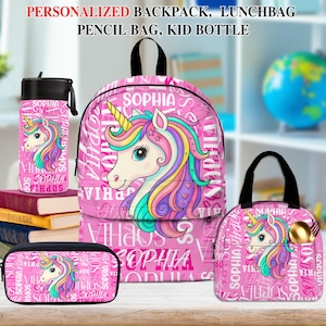 Mochila personalizada con unicornio y letras: lonchera, estuche, botella de agua para niñas y útiles escolares personalizados con unicornio.