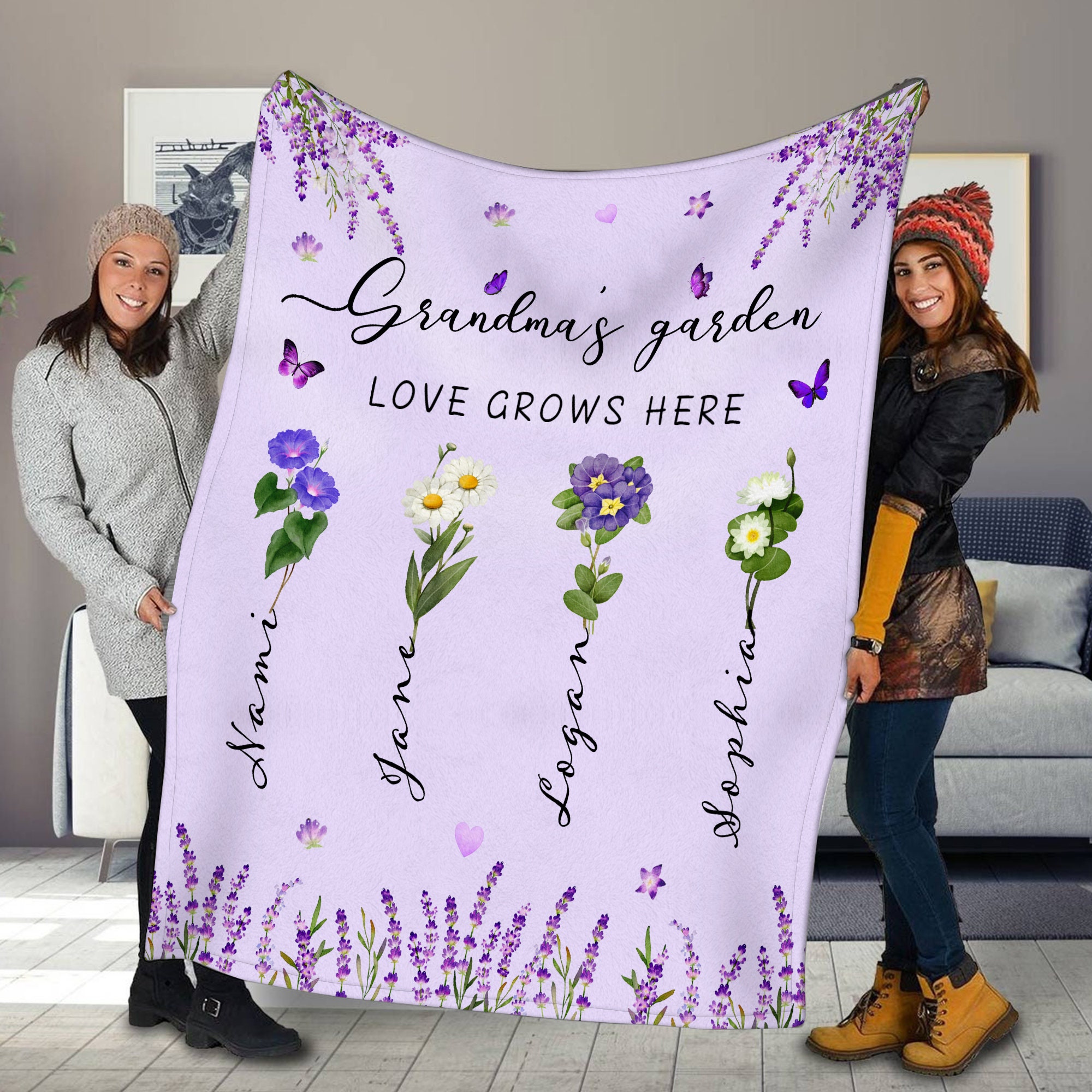Personalized Grandma' Garden Birth Month Flowers Fleece Blanket With Grandkids Name, Grandma Blanket, Christmas Gift For Nana, Mom