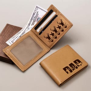 Cartera de cuero personalizada con nombres de papá e hijos, regalo para el Día del Padre, cartera de cuero para papá cazador, cartera para papá cazador, cartera para abuelo