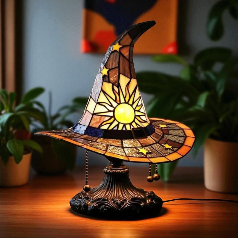 Faux Stained Glass Hat Witchy Gothic Table Lamp, Spooky Halloween Gothic Decor, Halloween LED Desk Light for Home, Witchy Lover Decor
