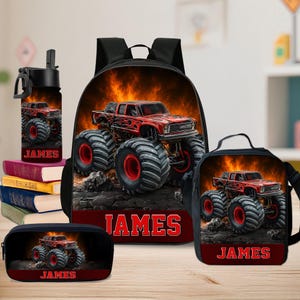 Custom Monster Truck Back To School Backpack Set For Kids, Monster Truck Kid Backpack Birthday Gift For Boys School Bag For Children Toddler