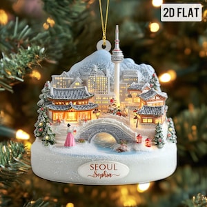 Personalized Seoul Christmas Ornament, 2D Flat Korea Landmark Ornament, Namsan Tower Holiday Decoration 2025, Seoul Korea Travel Xmas Gift
